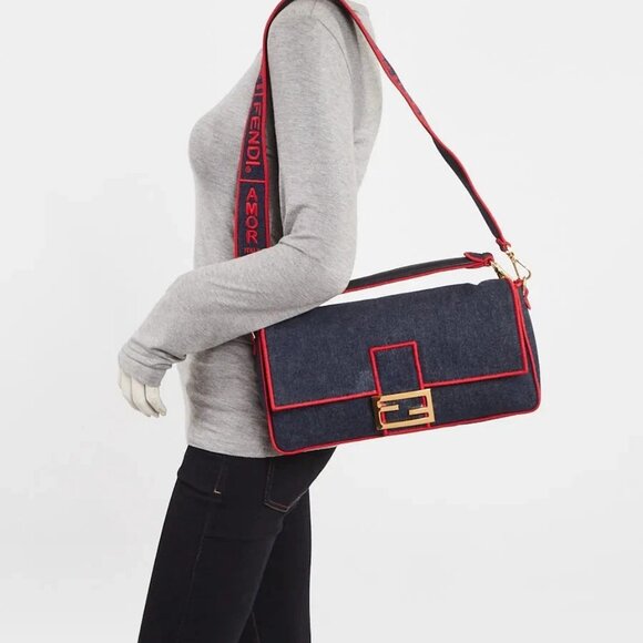 Fendi Blue/Red Dark Blue Denim Large Baguette Bag 8BR771 - Picture 2 of 12
